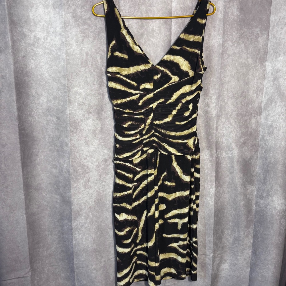 Lauren Ralph Lauren Zebra Faux Wrap Ruched Dress Women Size 8 Brown Gold Safari - Picture 2 of 8